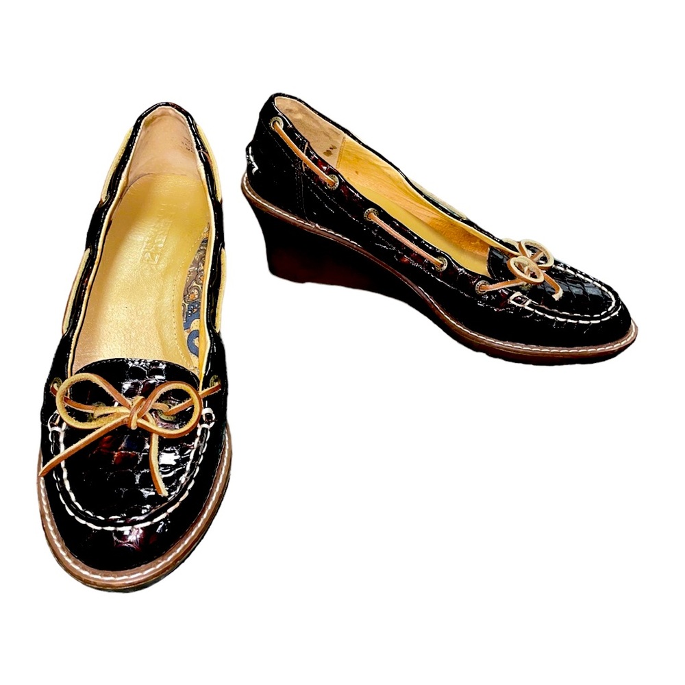 Sperry Top-Sider Brown Croc Embossed
Leather Wedge Loafers